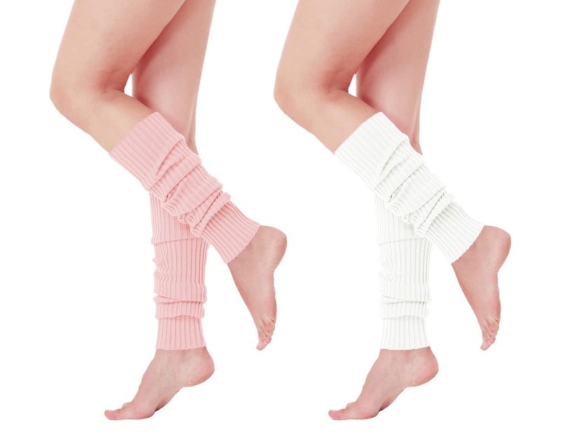 v28 Women Juniors 80s Eighty's Ribbed Leg Warmers for Party Sports,2(Pink+White) - Image 2